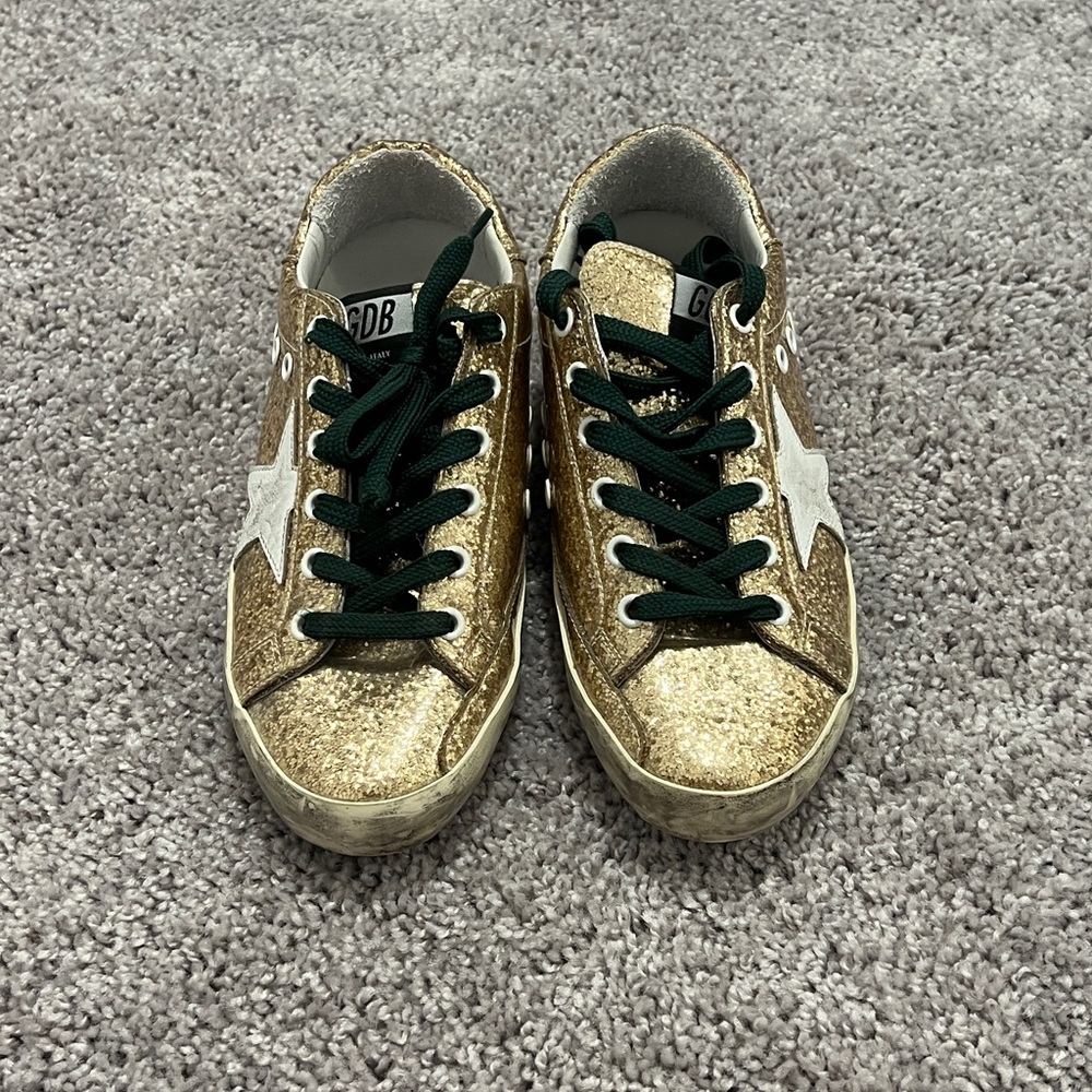 Golden Goose Gold Glitter Sneakers with Green Laces